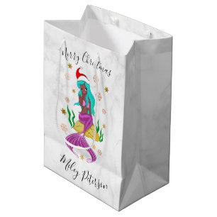 Christmas mermaid & snowflakes gold personalized medium gift bag