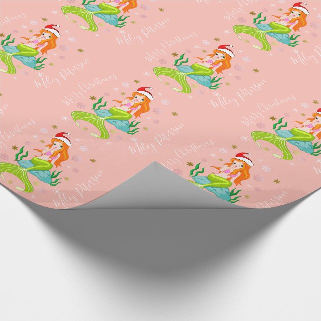 Christmas mermaid & snowflakes gold personalized wrapping paper (Corner)