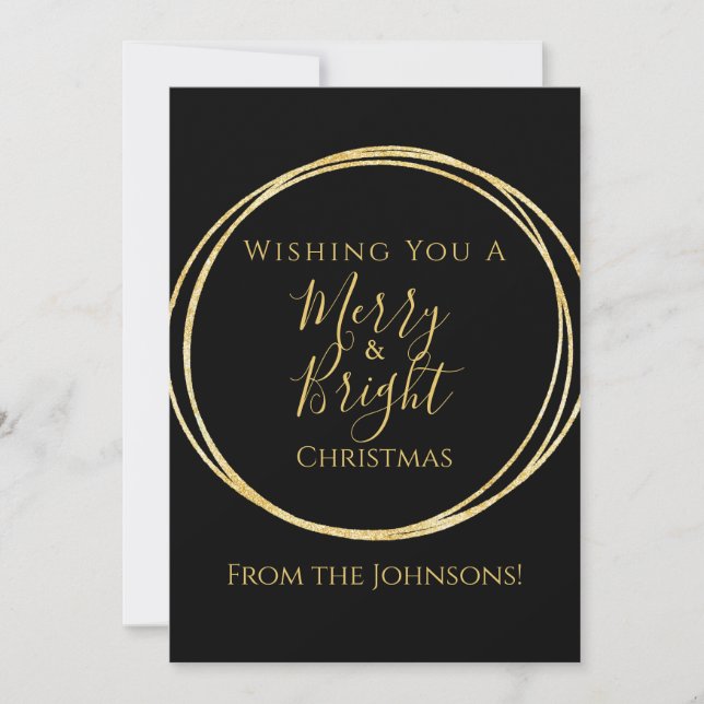 Christmas Merry and Bright Black Gold Holiday Card (Front)