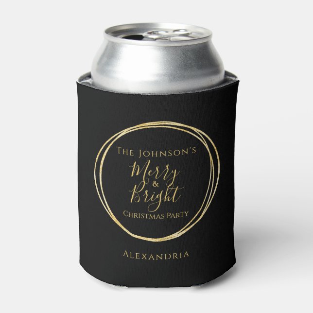 Christmas Merry and Bright Black Gold Personalized Can Cooler (Can Front)