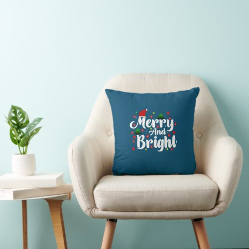 Christmas Merry and bright colorful typography Throw Pillow