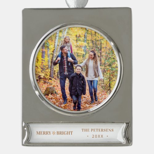Christmas Merry and Bright family photo elegant Silver Plated Banner Ornament