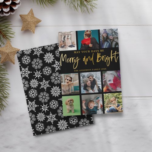 Christmas Merry and Bright Faux Gold 9 Photo Holiday Card