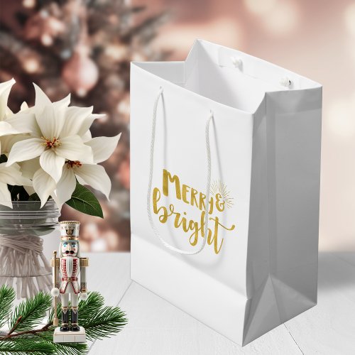 Christmas Merry and Bright Faux Gold Typography Medium Gift Bag