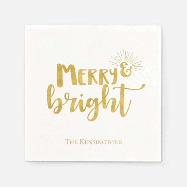 Christmas Merry and Bright Faux Gold Typography Napkins (Front)