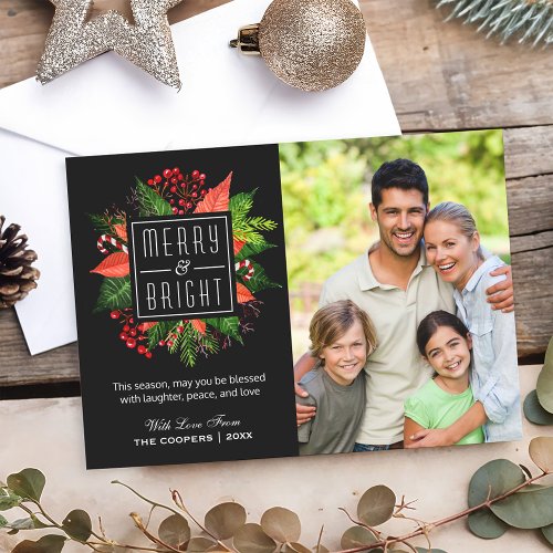 Christmas Merry and Bright Floral Family Photo Holiday Card
