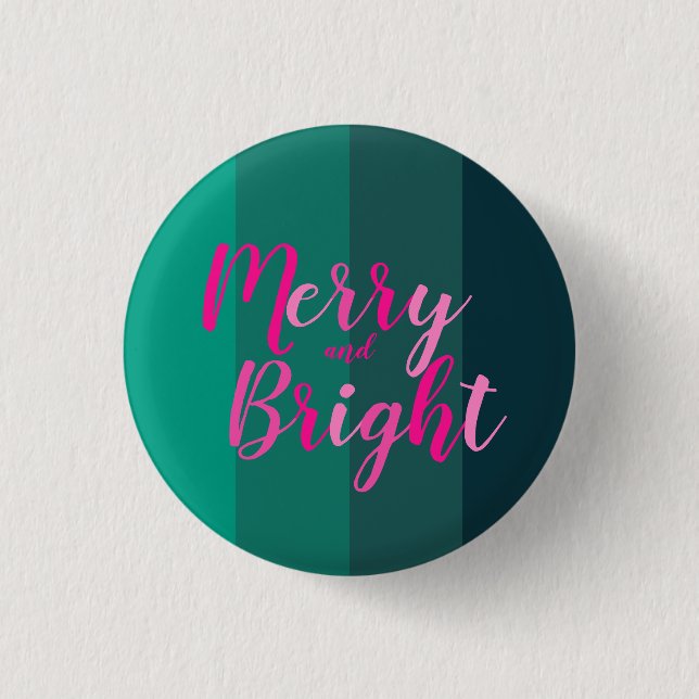Christmas Merry and Bright Green Pink Button (Front)