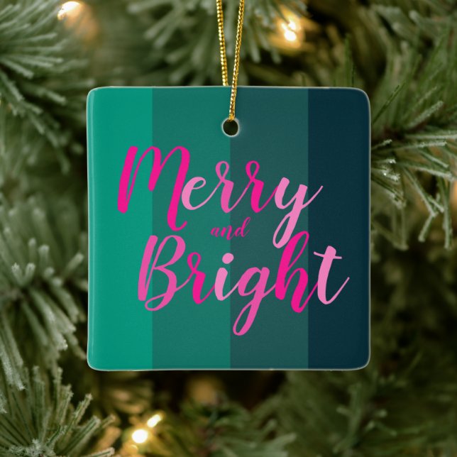 Christmas Merry and Bright Green Pink Ceramic Ornament (Tree)
