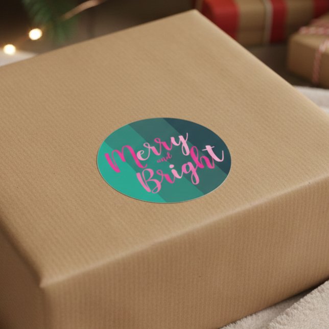 Christmas Merry and Bright Green Pink Classic Round Sticker (Creator Uploaded)