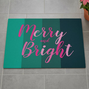 Christmas Merry and Bright Green Pink Doormat