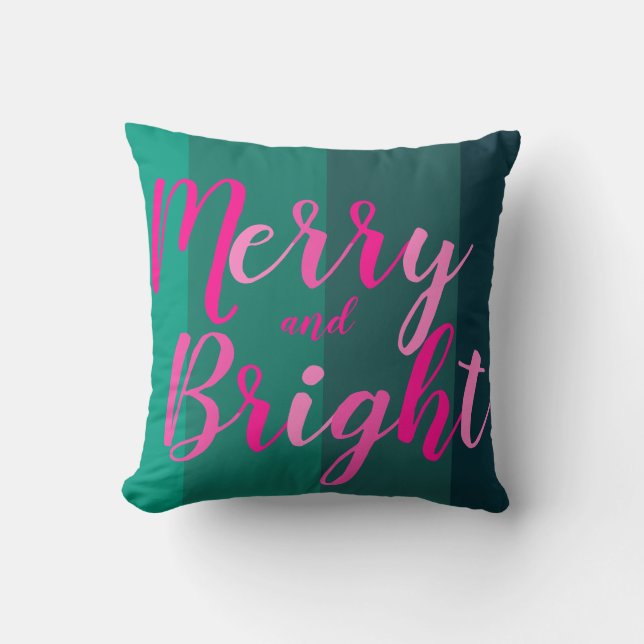 Christmas Merry and Bright Green Pink Throw Pillow (Front)
