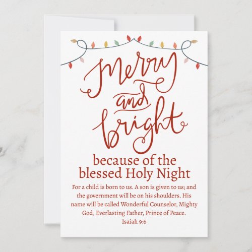 Christmas Merry and Bright Holy Night Red Script Holiday Card