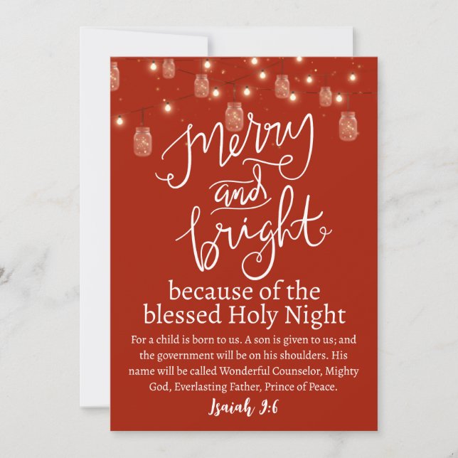 Christmas Merry and Bright Holy Red Mason Light Holiday Card (Front)