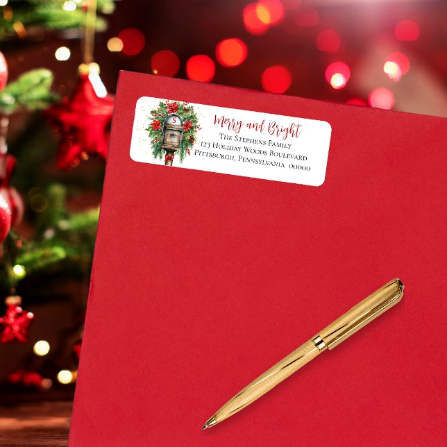 Christmas Merry and Bright Mailbox Floral Monogram Label (Elegant Christmas "Merry and Bright" Mailbox Poinsettia Floral Return Address Label)