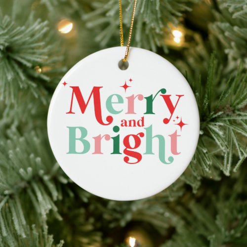 christmas merry and bright pink red ceramic ornament