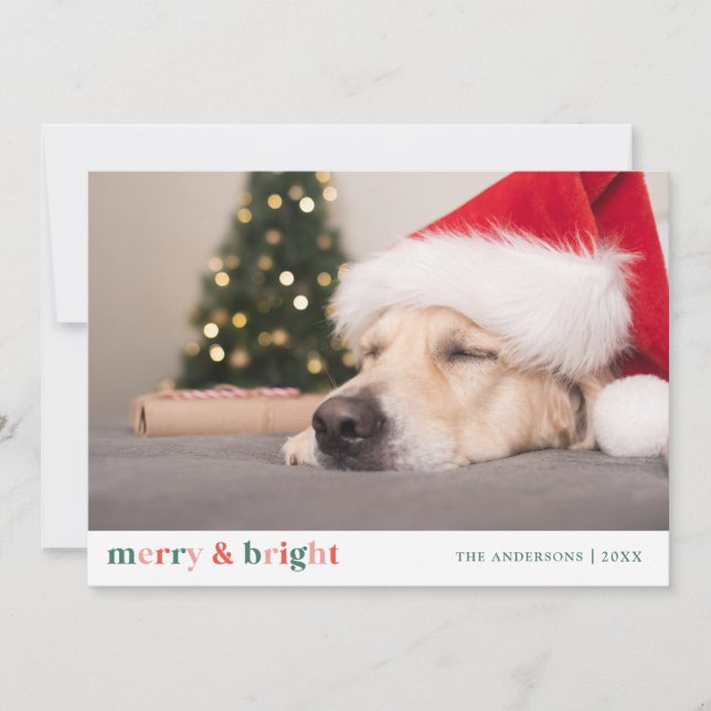 Christmas Merry and Bright Pink Red Green Photo Note Card (Front)
