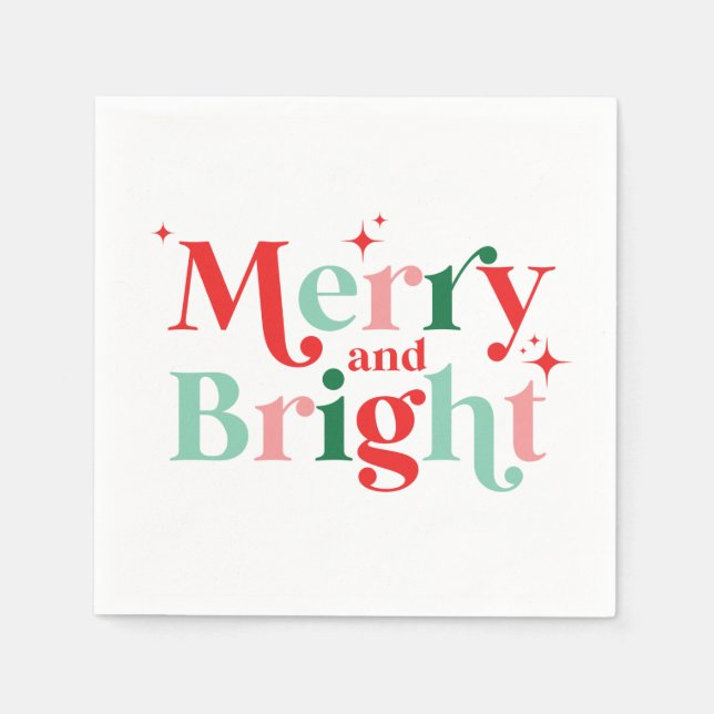 christmas merry and bright pink red modern font napkins (Front)