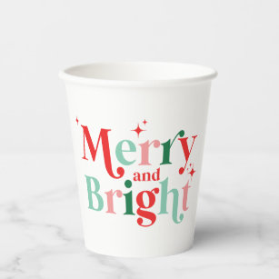 christmas merry and bright pink red modern font paper cups