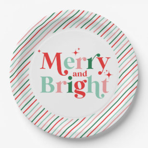 christmas merry and bright pink red modern font paper plates