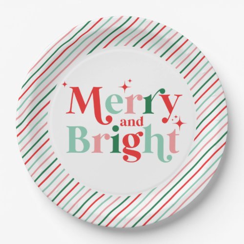 christmas merry and bright pink red modern font paper plates