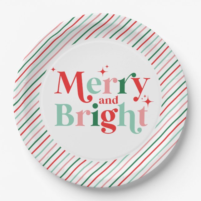 christmas merry and bright pink red modern font paper plates (Front)
