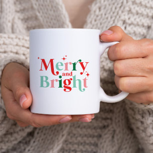 christmas merry and bright pink red modern font Two-Tone coffee mug