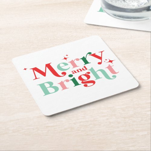 christmas merry and bright pink red square paper coaster