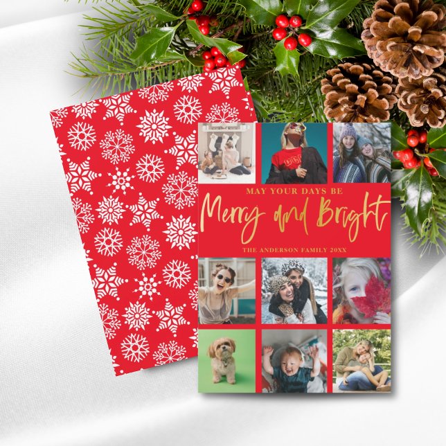 Christmas Merry and Bright Red Faux Gold 9 Photo Holiday Card (Creator Uploaded)