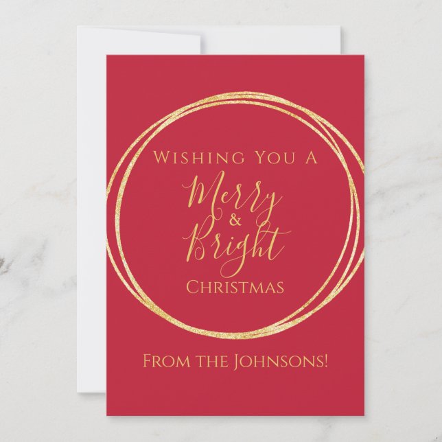 Christmas Merry and Bright Red Gold Holiday Card (Front)