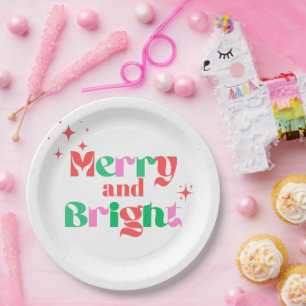 Christmas merry and bright red green modern font paper plates