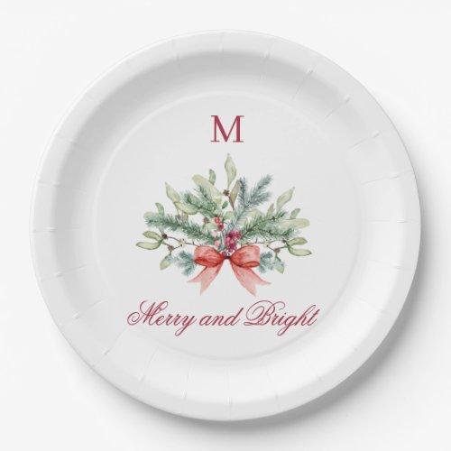 Christmas Merry and Bright Red Monogram Greenery Paper Plates