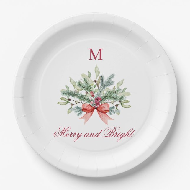 Christmas Merry and Bright Red Monogram Greenery Paper Plates (Front)
