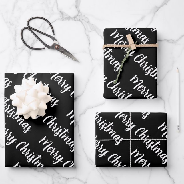Christmas merry black background white script  wrapping paper sheets (Front)