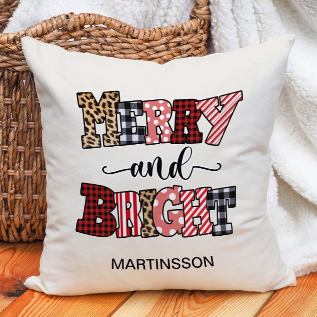 Christmas Merry Bright Candy Cane Plaid Name Throw Pillow ("Merry and Bright" Christmas decorator pillow personalized with your name.)