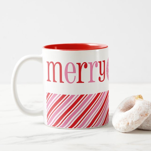CHRISTMAS MERRY & BRIGHT cute modern red pink Two-Tone Coffee Mug (With Donut)