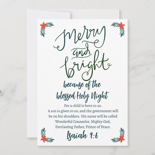 Christmas Merry & Bright Holy Night Green Blue Holiday Card (Front)