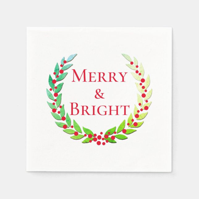 Christmas Merry & Bright Laurel Wreath Red Berries Napkins (Front)