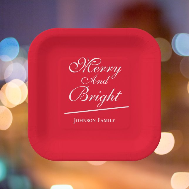 Christmas Merry & Bright Personalized Family Chic  Paper Plates (Christmas "Merry & Bright" personalized chic red paper plates.)
