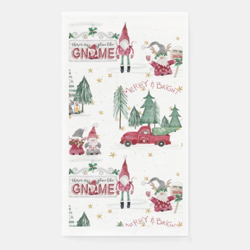Christmas Merry Bright Red Gnomes Forest Gold Star Paper Guest Towels