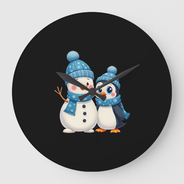 Christmas Merry Christmas For Gift Penguin Snowman Large Clock (Front)