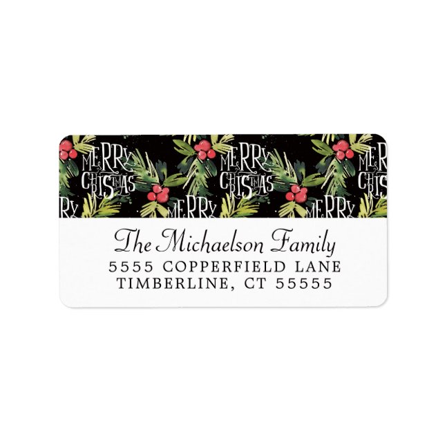 Christmas | Merry Christmas - Holly Black Pattern Label (Front)