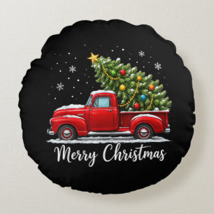 Christmas Merry Christmas Red Truck Tree Men Women Round Pillow