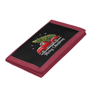 Christmas Merry Christmas Red Truck Tree Men Women Tri-fold Wallet