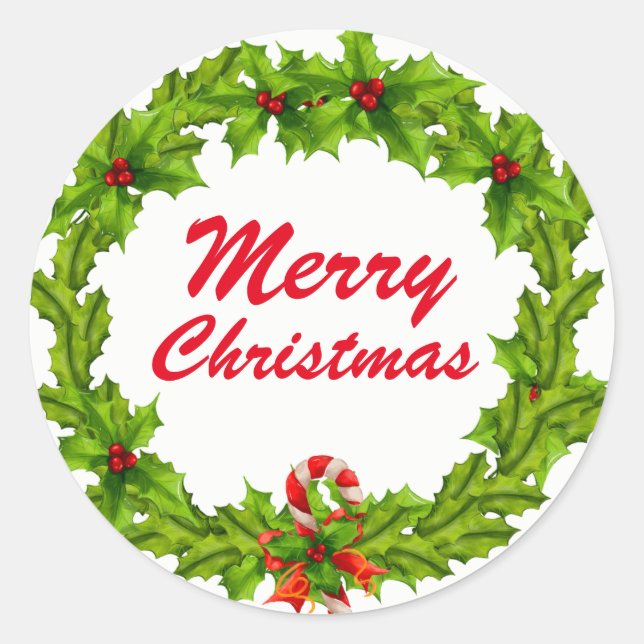 Christmas, Merry Christmas Wreath Classic Round Sticker (Front)