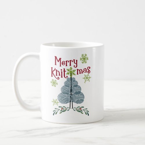 Christmas Merry Knitmas Yarn Tree and Snowflakes Coffee Mug