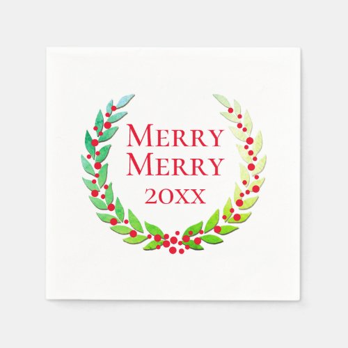 Christmas Merry Merry Laurel Wreath Red Berries Napkins