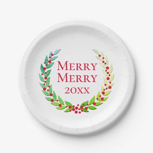 Christmas Merry Merry Laurel Wreath Red Berries Paper Plates