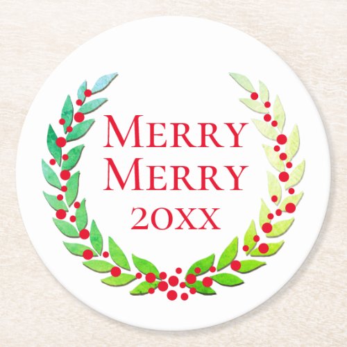 Christmas Merry Merry Laurel Wreath Red Berries Round Paper Coaster