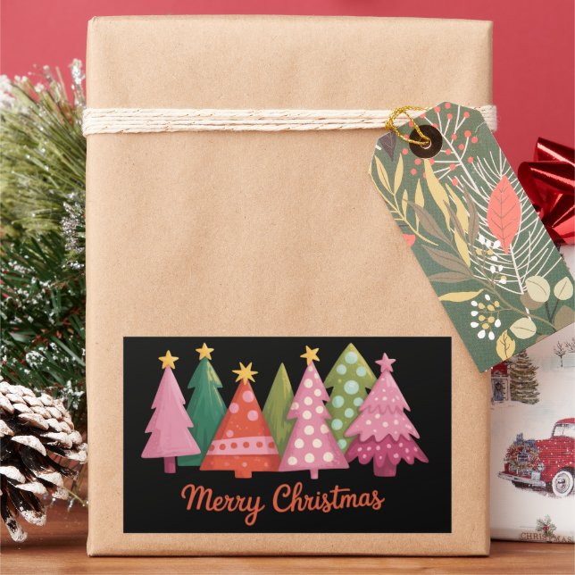 Christmas  Merry Xmas Trees Holiday Preppy Rectangular Sticker (Holiday)