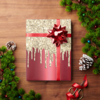 Christmas Metallic Red & Dripping 14k Gold Glitter Wrapping Paper